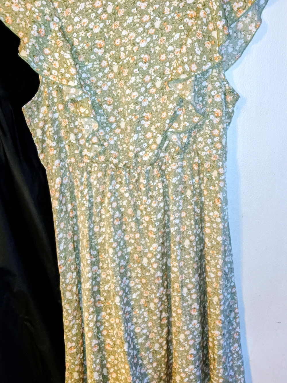 SHEIN Green White Orange Floral Fit & Flare Knee Length Ruffle Flutter Dress XL